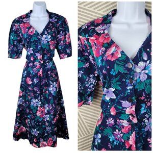 Vintage 80s 90s Shirt Dress 12 14 Floral Cottagecore alt long Grunge Blue Purple